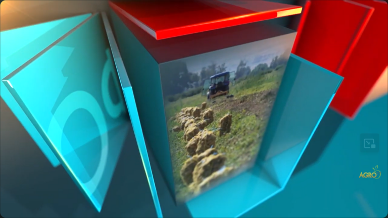 Agricultural field with soybean crops and farm machinery, representing sustainable crop production